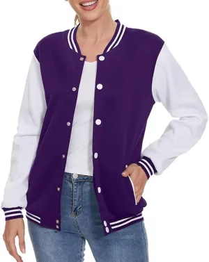 ACEFAST INC Women's Varsity Jacket Baseball Uniform Casual Long Sleeve Sport Bomber Jacket Coat