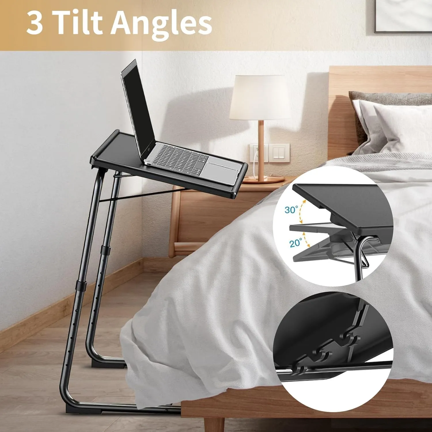 Adjustable TV Tray Tables with 6 Height & 3 Tilt Angle, Folding TV Dinner Tray,TV Table with Cup Holder on Bed & Sofa (1 Pack, Black)