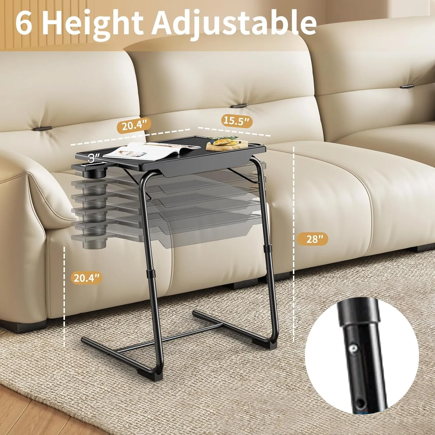 Adjustable TV Tray Tables with 6 Height & 3 Tilt Angle, Folding TV Dinner Tray,TV Table with Cup Holder on Bed & Sofa (1 Pack, Black)