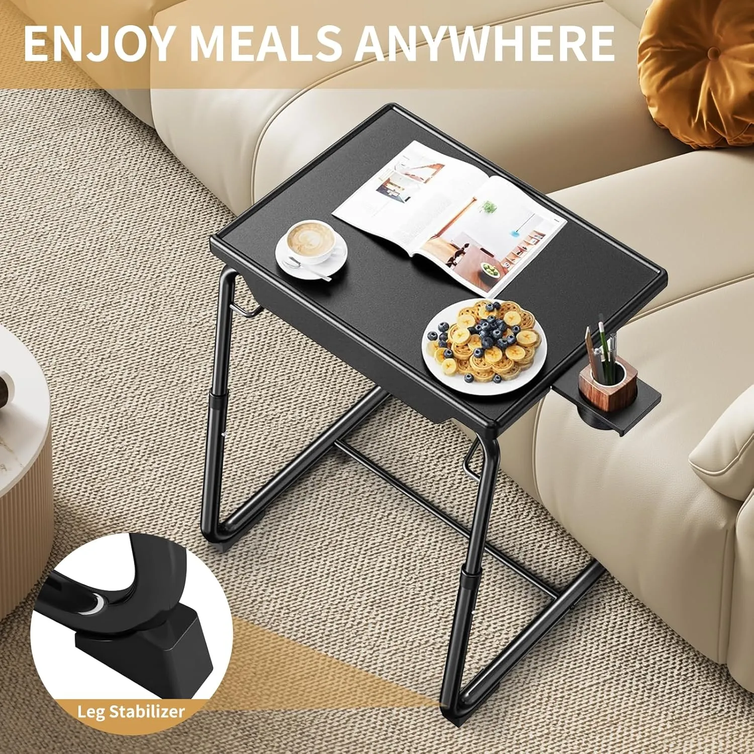 Adjustable TV Tray Tables with 6 Height & 3 Tilt Angle, Folding TV Dinner Tray,TV Table with Cup Holder on Bed & Sofa (1 Pack, Black)