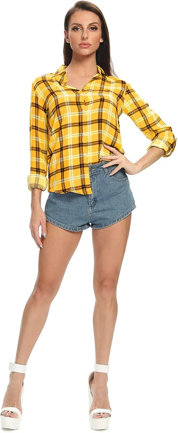 Aeslech Lightweight Plaid Shirts for Women Button Down Roll Up Sleeve Casual Tops Blouse