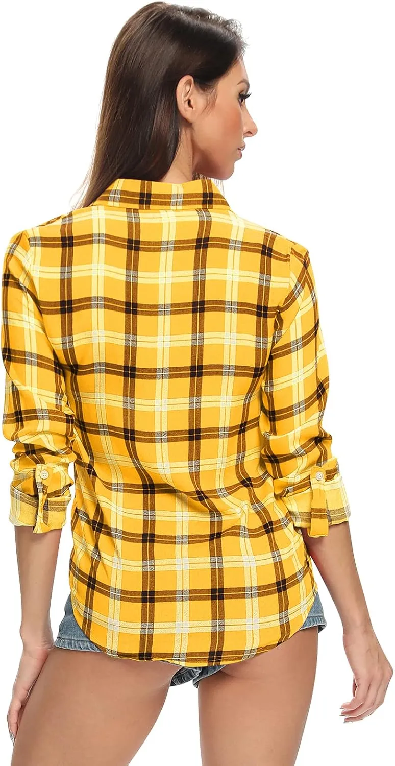 Aeslech Lightweight Plaid Shirts for Women Button Down Roll Up Sleeve Casual Tops Blouse