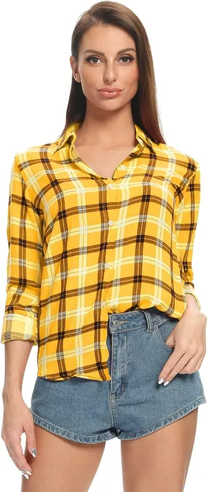 Aeslech Lightweight Plaid Shirts for Women Button Down Roll Up Sleeve Casual Tops Blouse