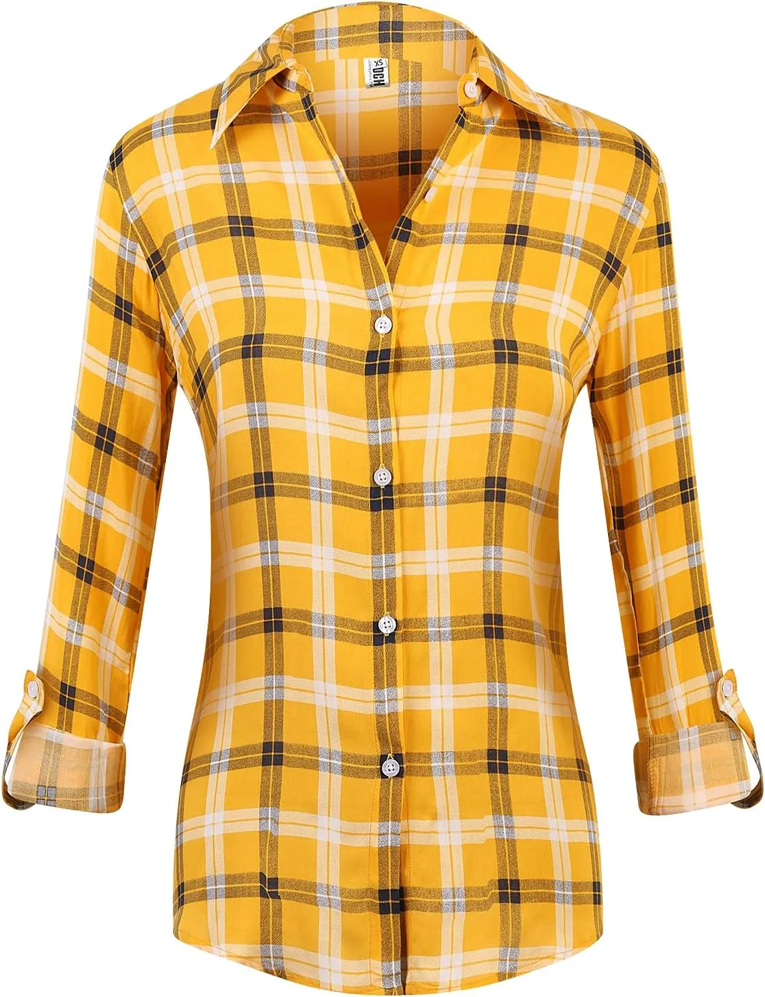 Aeslech Lightweight Plaid Shirts for Women Button Down Roll Up Sleeve Casual Tops Blouse