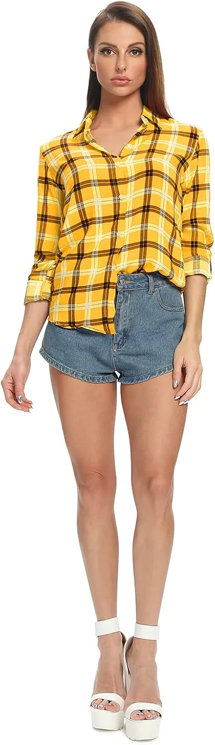 Aeslech Lightweight Plaid Shirts for Women Button Down Roll Up Sleeve Casual Tops Blouse