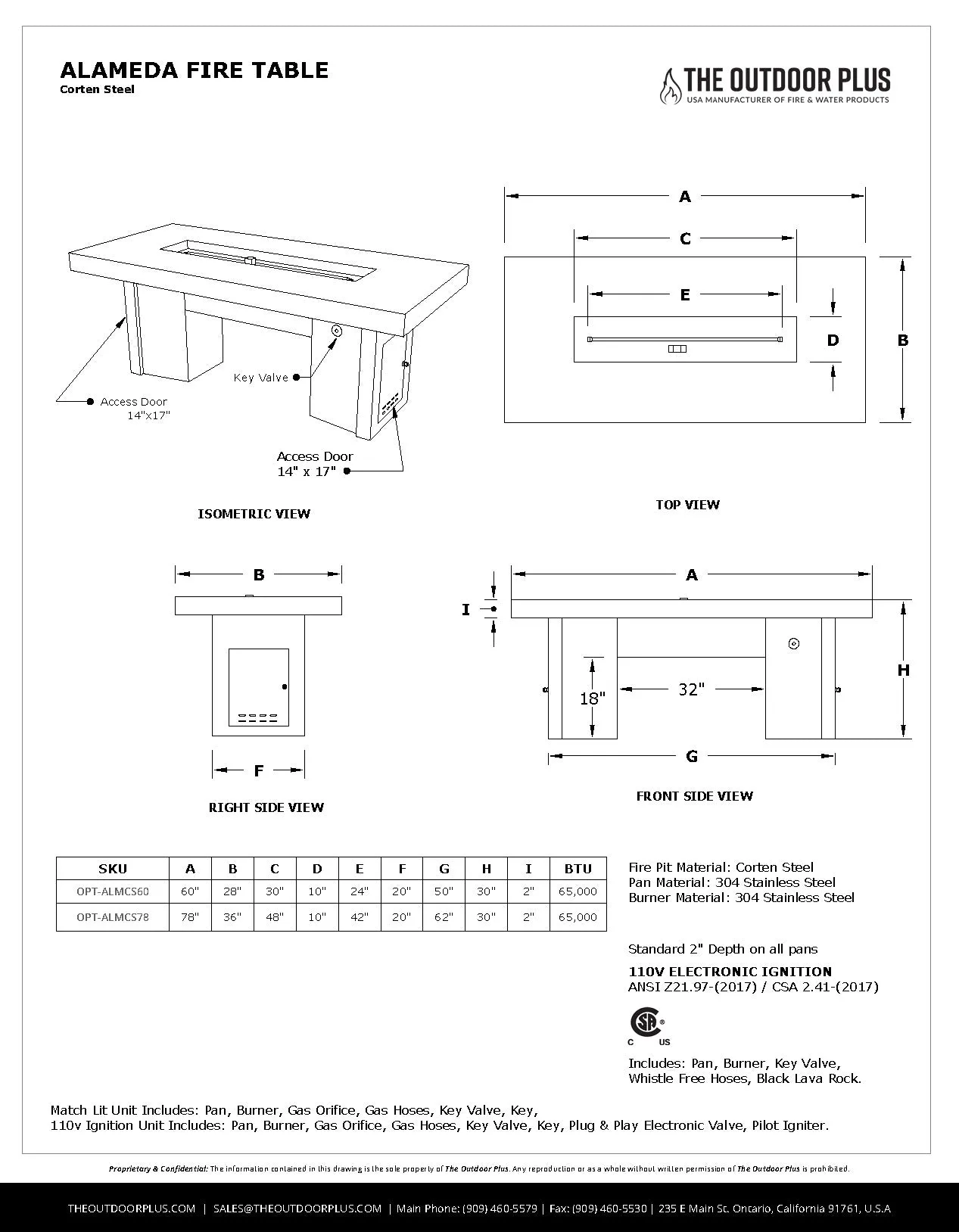 Alameda Rectangle Fire Table - Corten Steel