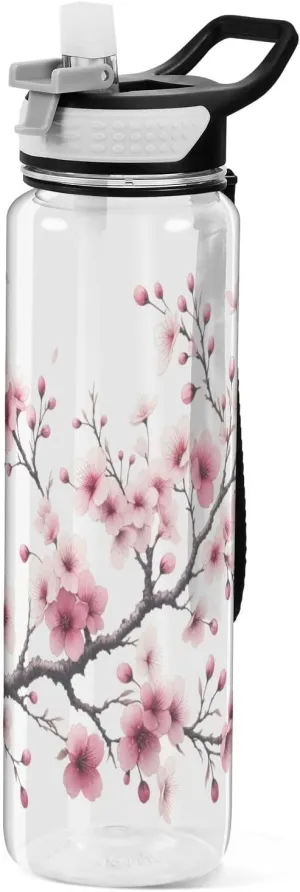 ALAZA Pink Cherry Blossom Water Bottle with Straw Lid 32oz Leakproof Flowers Sport Water Bottle Clear Large Gym Water Jug for Women Men Outdoor