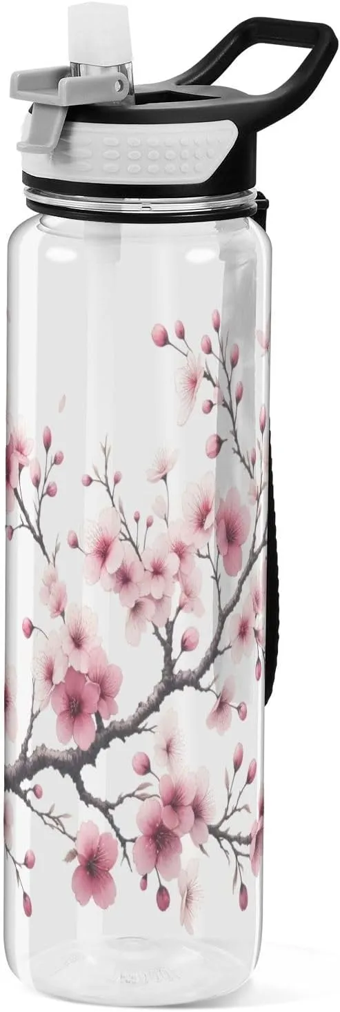 ALAZA Pink Cherry Blossom Water Bottle with Straw Lid 32oz Leakproof Flowers Sport Water Bottle Clear Large Gym Water Jug for Women Men Outdoor