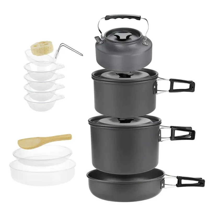 All-in-One Lightweight Camping Cookware Set for 1-5 Persons with Portable Pots, Pans, and Kettle