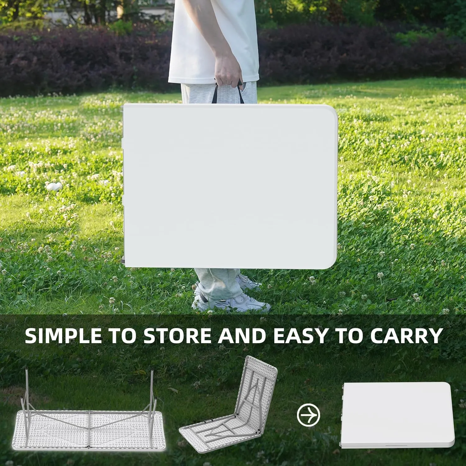 Allpop 6 Ft Folding Table, Portable Plastic Fold-in-Half Dining Table with Carrying Handle for Picnic Card Party Camping Wedding Event, White