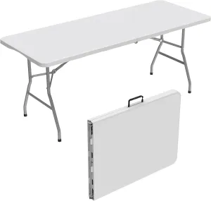 Allpop 6 Ft Folding Table, Portable Plastic Fold-in-Half Dining Table with Carrying Handle for Picnic Card Party Camping Wedding Event, White
