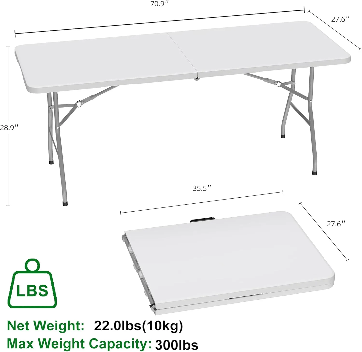 Allpop 6 Ft Folding Table, Portable Plastic Fold-in-Half Dining Table with Carrying Handle for Picnic Card Party Camping Wedding Event, White