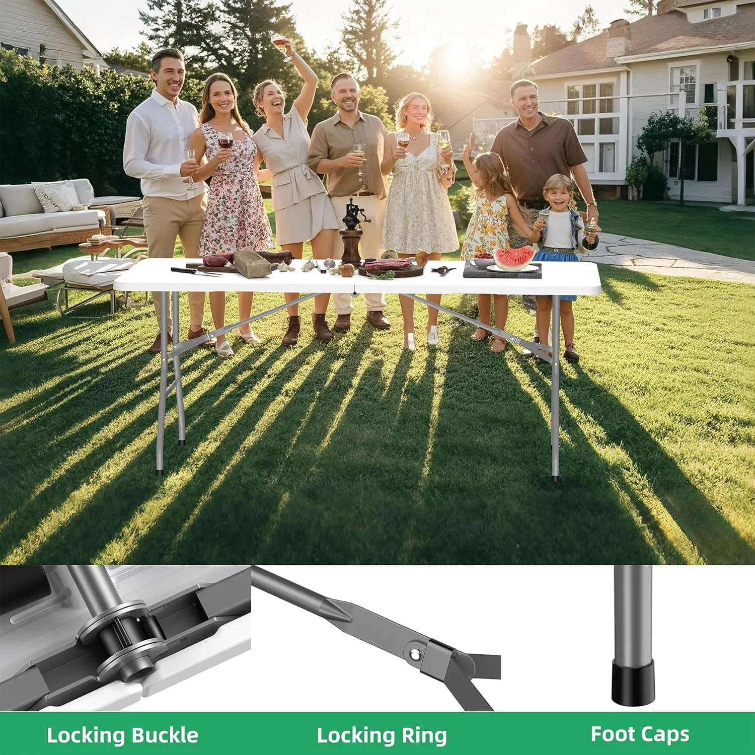Allpop 6 Ft Folding Table, Portable Plastic Fold-in-Half Dining Table with Carrying Handle for Picnic Card Party Camping Wedding Event, White