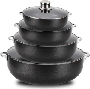 Alpine Cuisine 8-Piece Aluminum Non-Stick Caldero Stock Pot Set 2, 3.5, 7, and 13 Quart Pots Heavy Duty Cookware for Home, Kitchen, and Professional Use Multipurpose Dutch Oven for Soups, Stews, and rice