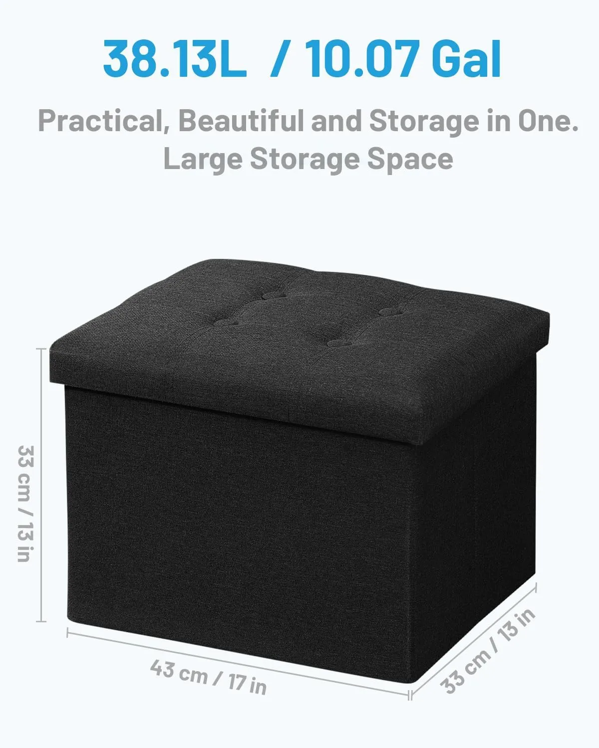 AmasSmile Storage Ottoman Folding Foot Rest Stool, 17 inch Linen Footstool Bench, Short Ottoman Bench, Storage Foot Rest Store, Books, Black