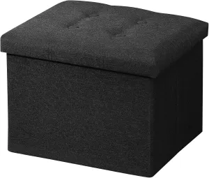 AmasSmile Storage Ottoman Folding Foot Rest Stool, 17 inch Linen Footstool Bench, Short Ottoman Bench, Storage Foot Rest Store, Books, Black