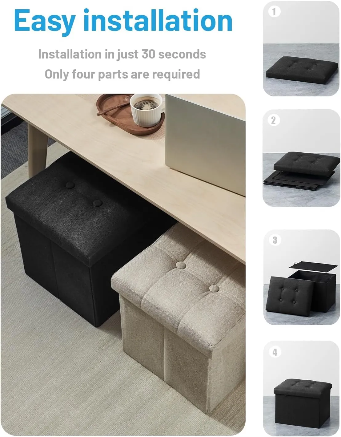 AmasSmile Storage Ottoman Folding Foot Rest Stool, 17 inch Linen Footstool Bench, Short Ottoman Bench, Storage Foot Rest Store, Books, Black