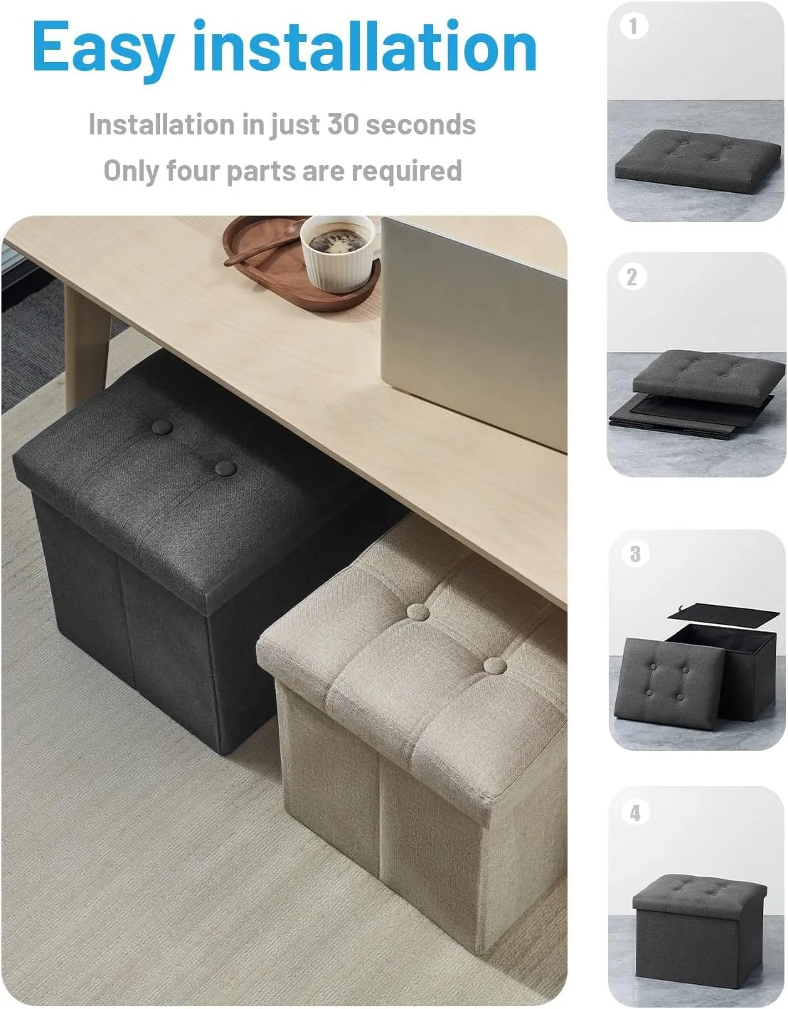 AmasSmile Storage Ottoman Folding Foot Rest Stool, 17 inches Linen Footstool Bench, Short Ottoman Bench, Storage Foot Rest Store, Books, Dark Grey