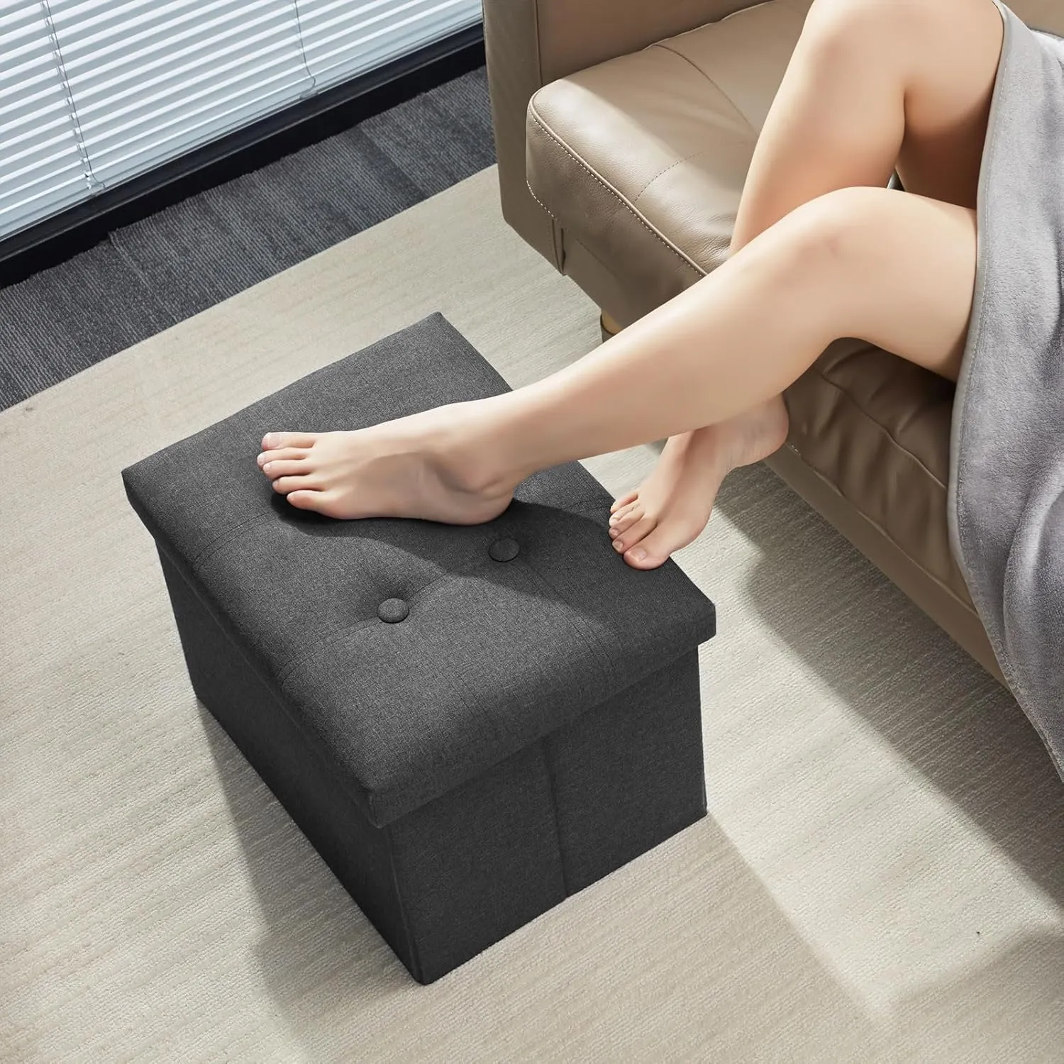 AmasSmile Storage Ottoman Folding Foot Rest Stool, 17 inches Linen Footstool Bench, Short Ottoman Bench, Storage Foot Rest Store, Books, Dark Grey