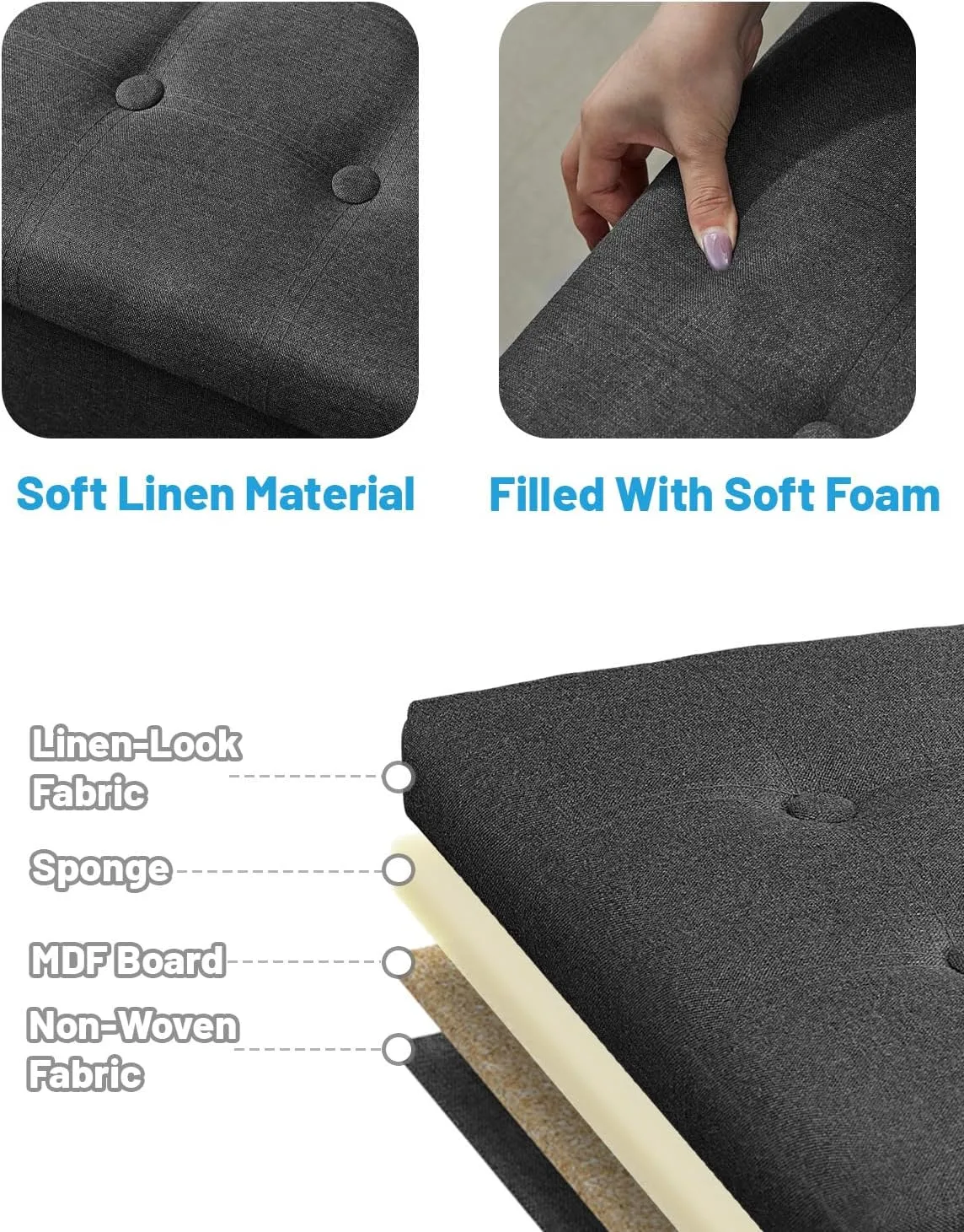 AmasSmile Storage Ottoman Folding Foot Rest Stool, 17 inches Linen Footstool Bench, Short Ottoman Bench, Storage Foot Rest Store, Books, Dark Grey