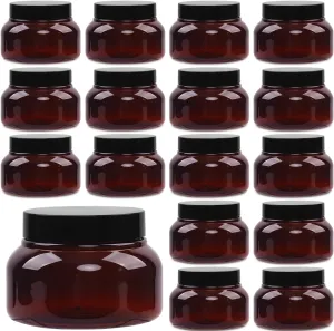Amber Plastic Jars with Lids, 16 Pack 8 Oz Empty Containers - Refillable Body Scrub Jars, Round Low Profile Containers for Lotions, Body Butter, Sugar Scrub, Cream