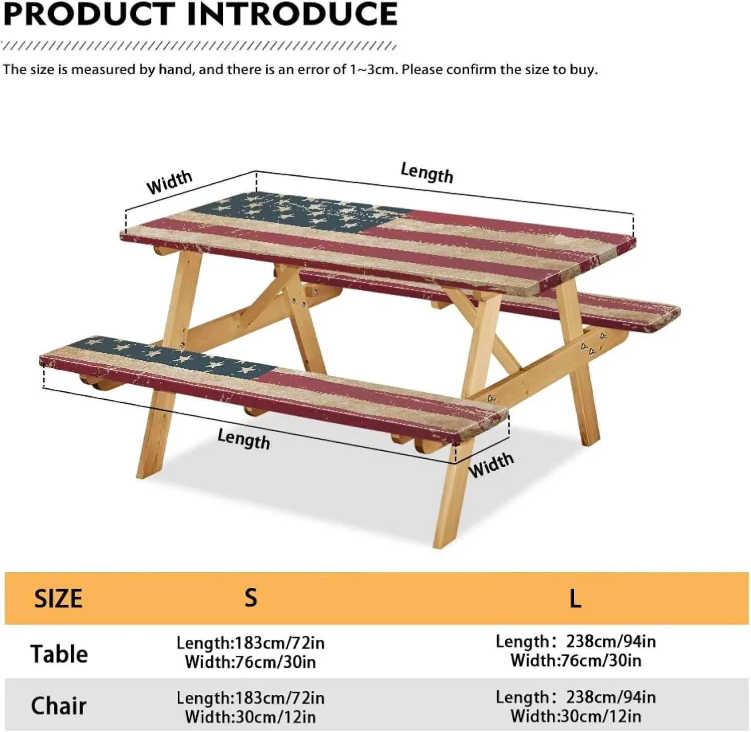 American Flag Picnic Table Cover with Bench Covers Reusable Rectangle Table and Seat Covers with Elastic Edges Fits for Table 30"x 72"/30" x94 Camping RV Gear Must Have