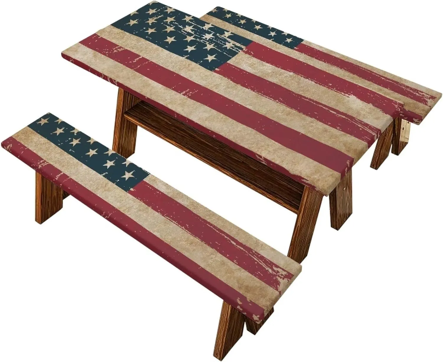 American Flag Picnic Table Cover with Bench Covers Reusable Rectangle Table and Seat Covers with Elastic Edges Fits for Table 30"x 72"/30" x94 Camping RV Gear Must Have