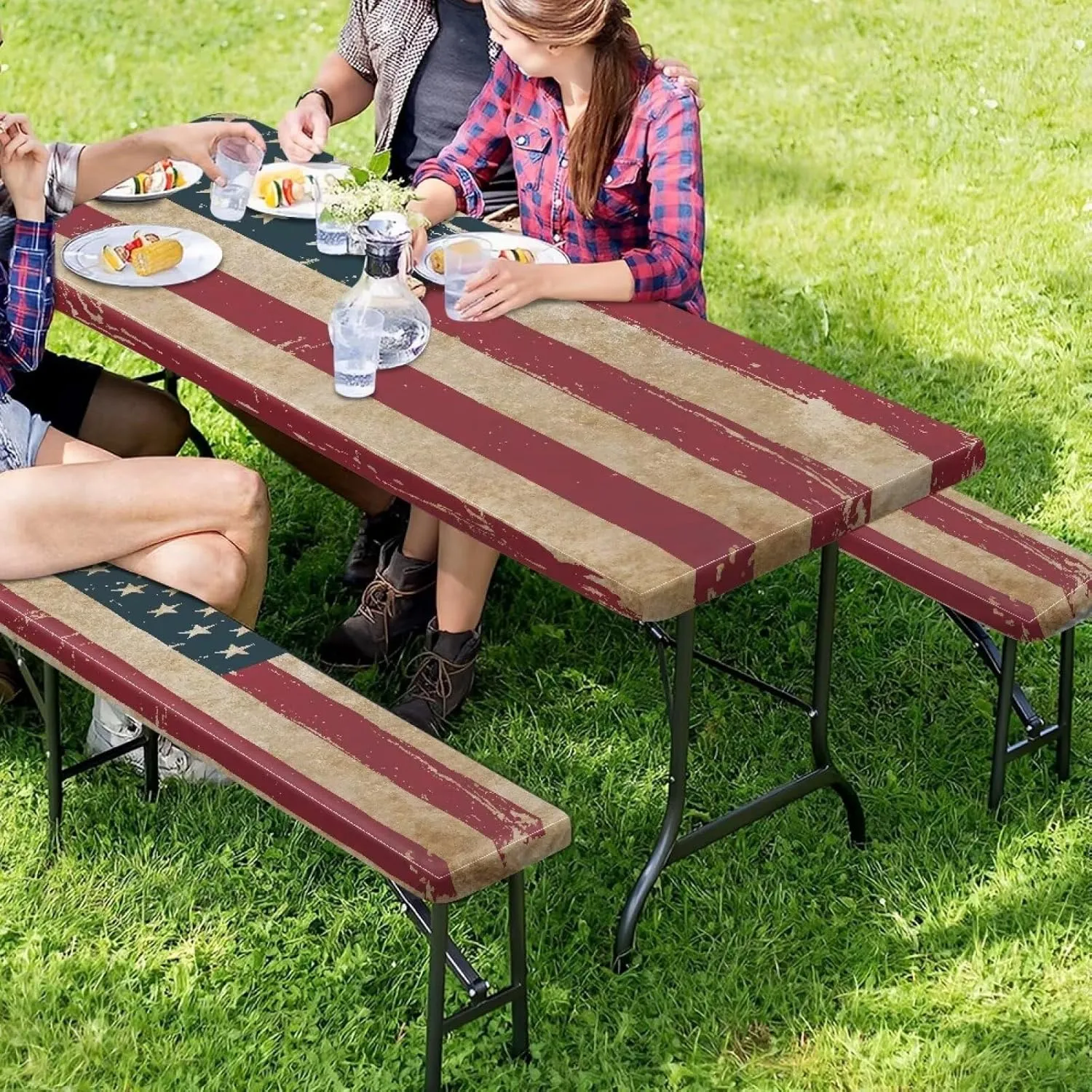 American Flag Picnic Table Cover with Bench Covers Reusable Rectangle Table and Seat Covers with Elastic Edges Fits for Table 30"x 72"/30" x94 Camping RV Gear Must Have