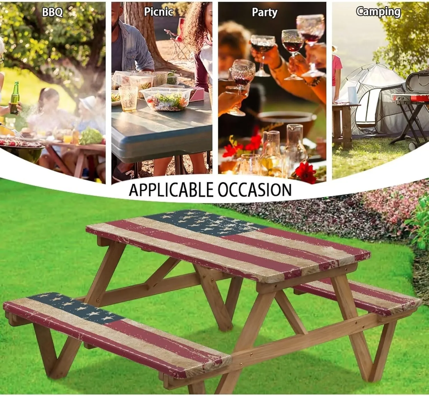 American Flag Picnic Table Cover with Bench Covers Reusable Rectangle Table and Seat Covers with Elastic Edges Fits for Table 30"x 72"/30" x94 Camping RV Gear Must Have