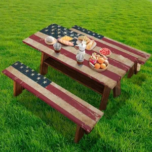 American Flag Picnic Table Cover with Bench Covers Reusable Rectangle Table and Seat Covers with Elastic Edges Fits for Table 30"x 72"/30" x94 Camping RV Gear Must Have