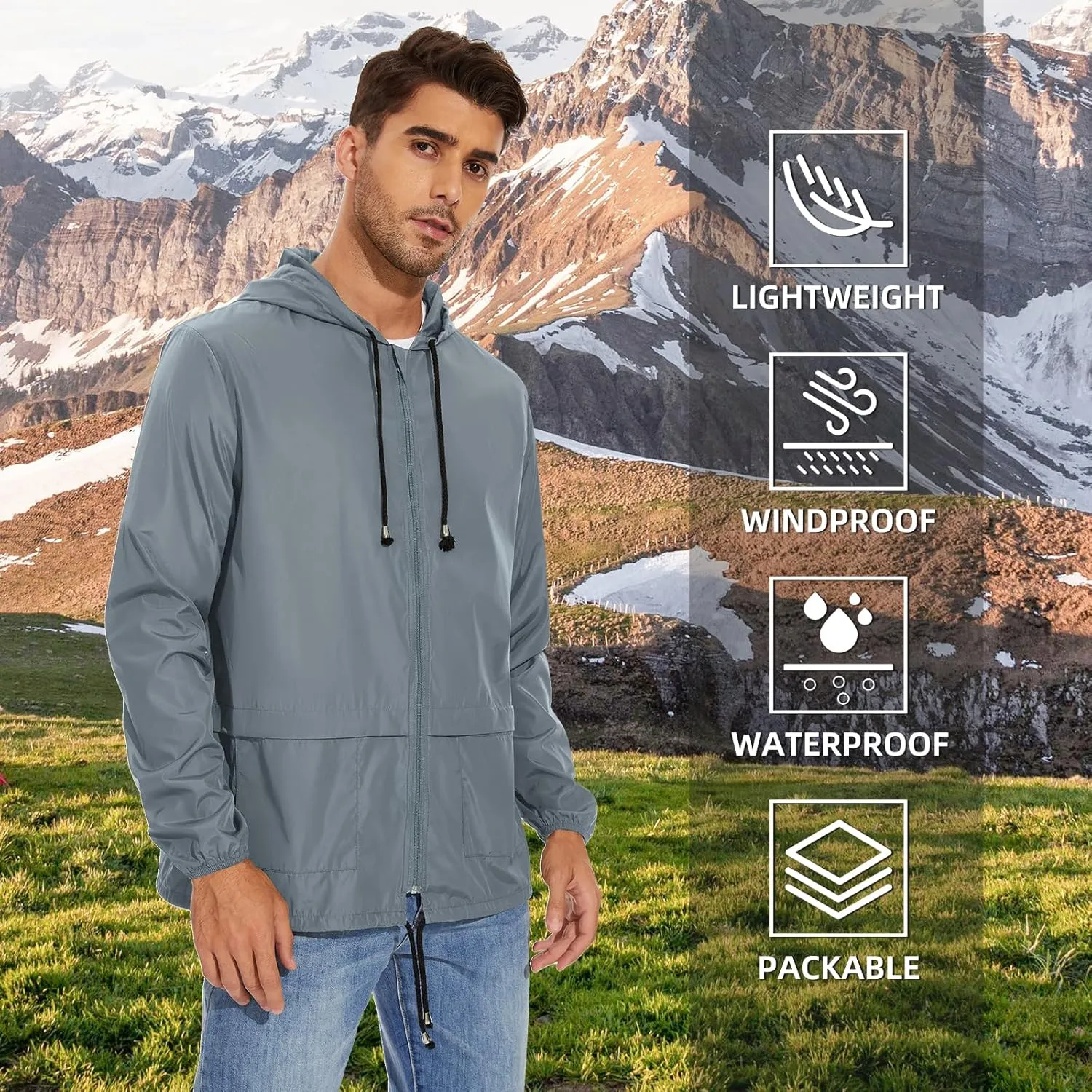 American Trends Packable Mens Rain Jacket Lightweight Waterproof Raincoats with Hood Windbreaker for Travel M-3XL Available