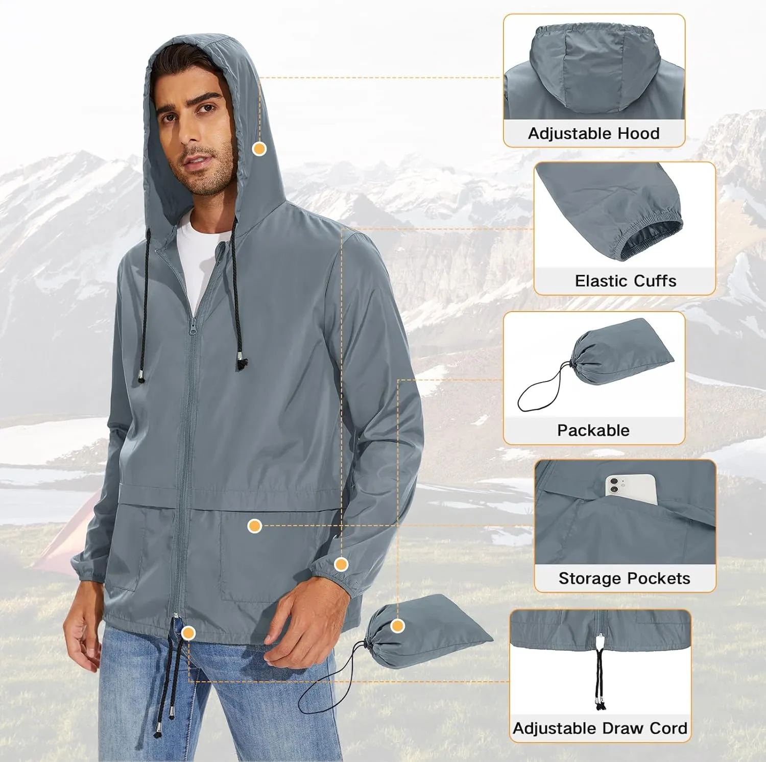 American Trends Packable Mens Rain Jacket Lightweight Waterproof Raincoats with Hood Windbreaker for Travel M-3XL Available