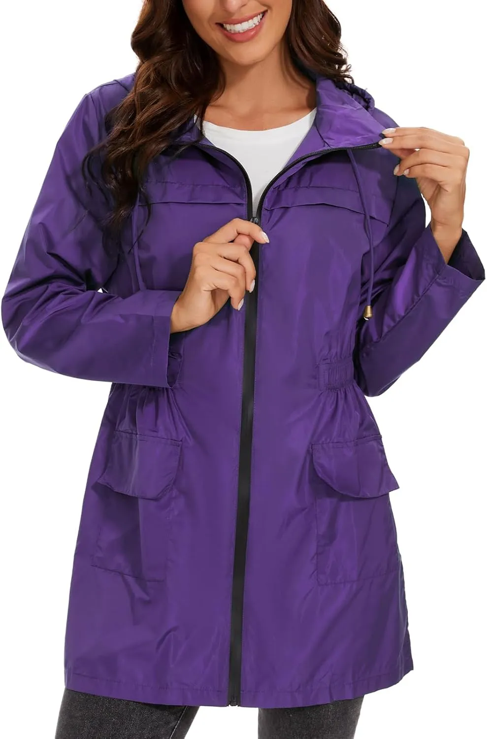 American Trends Rain Jacket Women Waterproof with Hood Windbreaker Jacket Travel Rain Coat Packable Lightweight Long Raincoat