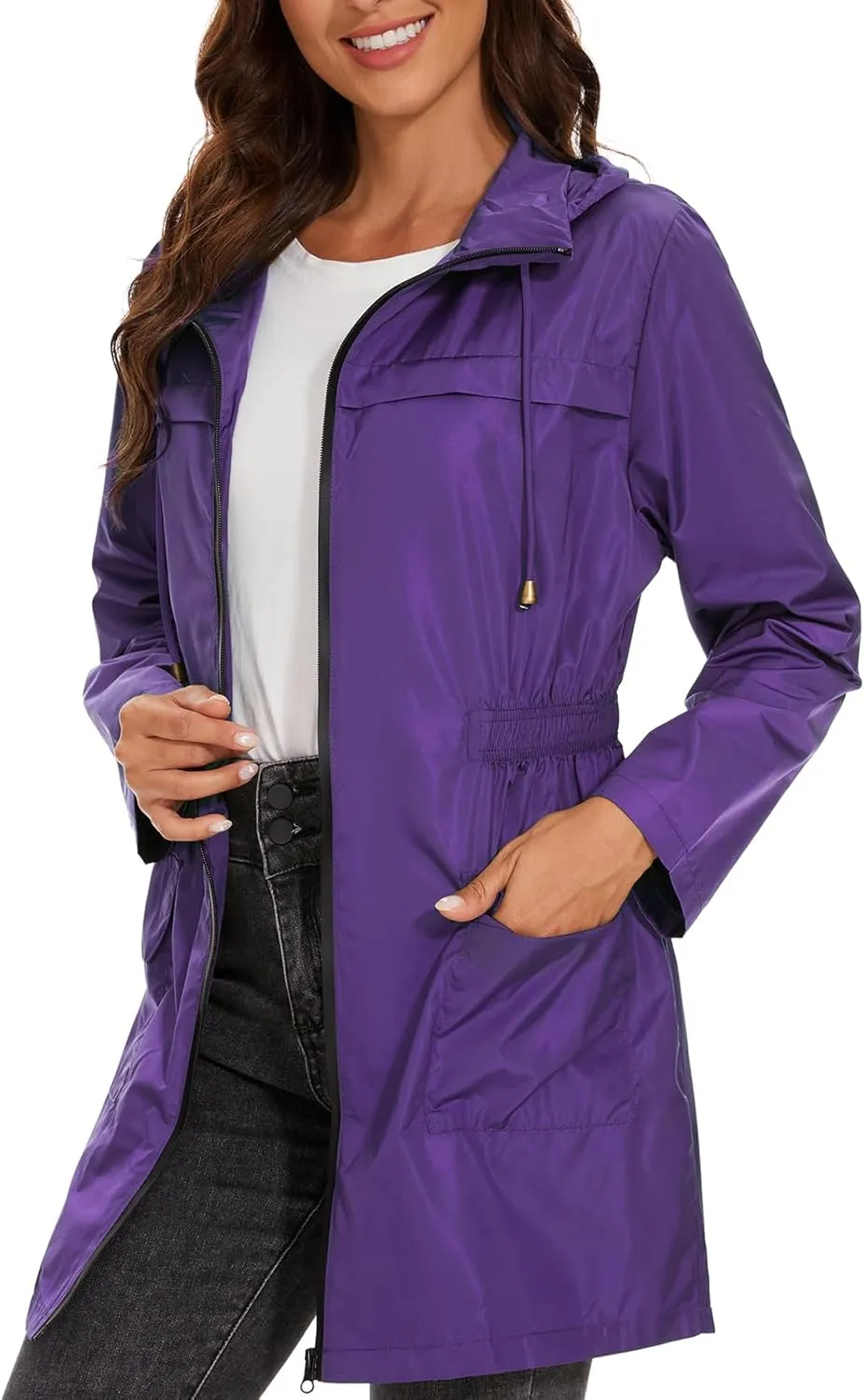 American Trends Rain Jacket Women Waterproof with Hood Windbreaker Jacket Travel Rain Coat Packable Lightweight Long Raincoat