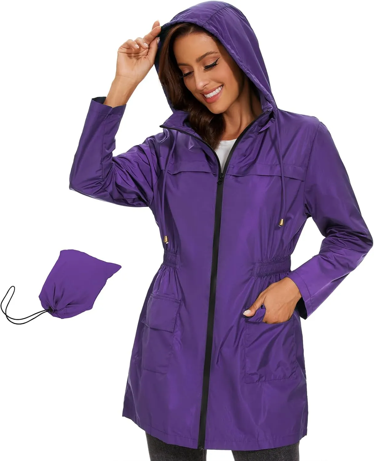 American Trends Rain Jacket Women Waterproof with Hood Windbreaker Jacket Travel Rain Coat Packable Lightweight Long Raincoat