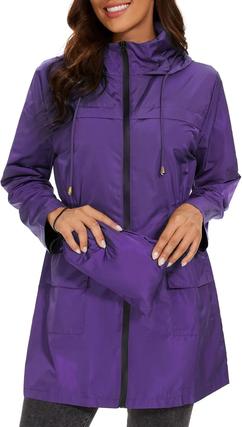 American Trends Rain Jacket Women Waterproof with Hood Windbreaker Jacket Travel Rain Coat Packable Lightweight Long Raincoat