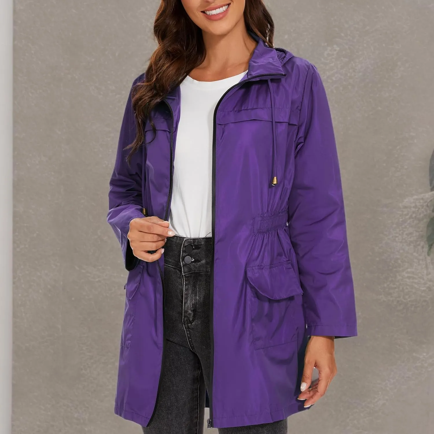 American Trends Rain Jacket Women Waterproof with Hood Windbreaker Jacket Travel Rain Coat Packable Lightweight Long Raincoat