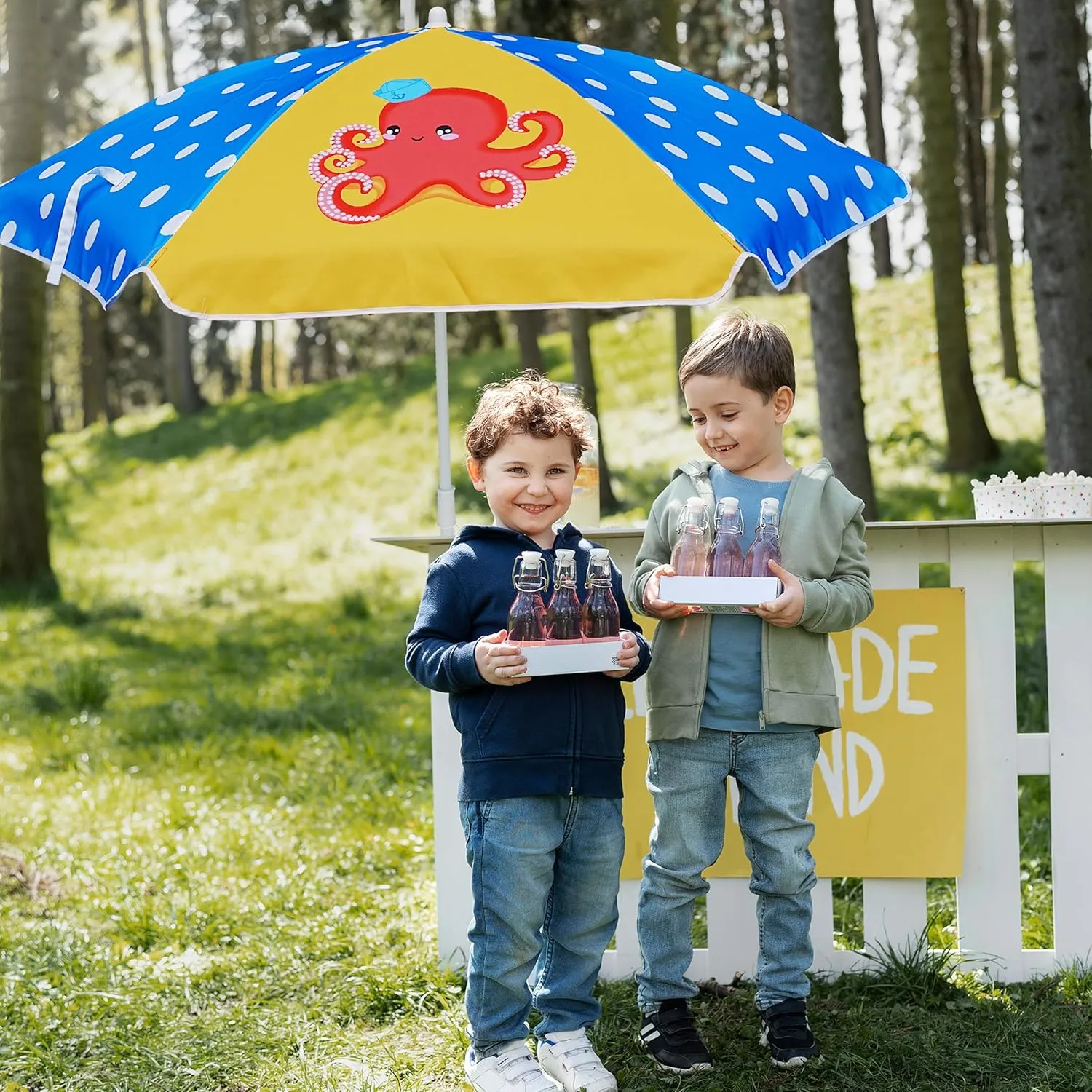 AMMSUN 5ft Seaside Umbrella for Sand Box Water Table Picnic Table - Kids Durable Umbrellas for children Beach Camping Garden Outdoor Play Shade Blue Yellow Octopus
