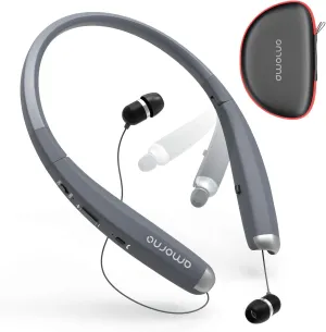 AMORNO Foldable Bluetooth Headphones, Wireless Neckband Sports Headset with Retractable Earbuds, Sweatproof Noise Cancelling Stereo Earphones with Mic