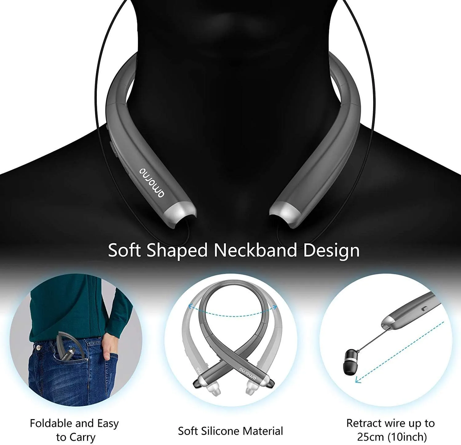 AMORNO Foldable Bluetooth Headphones, Wireless Neckband Sports Headset with Retractable Earbuds, Sweatproof Noise Cancelling Stereo Earphones with Mic