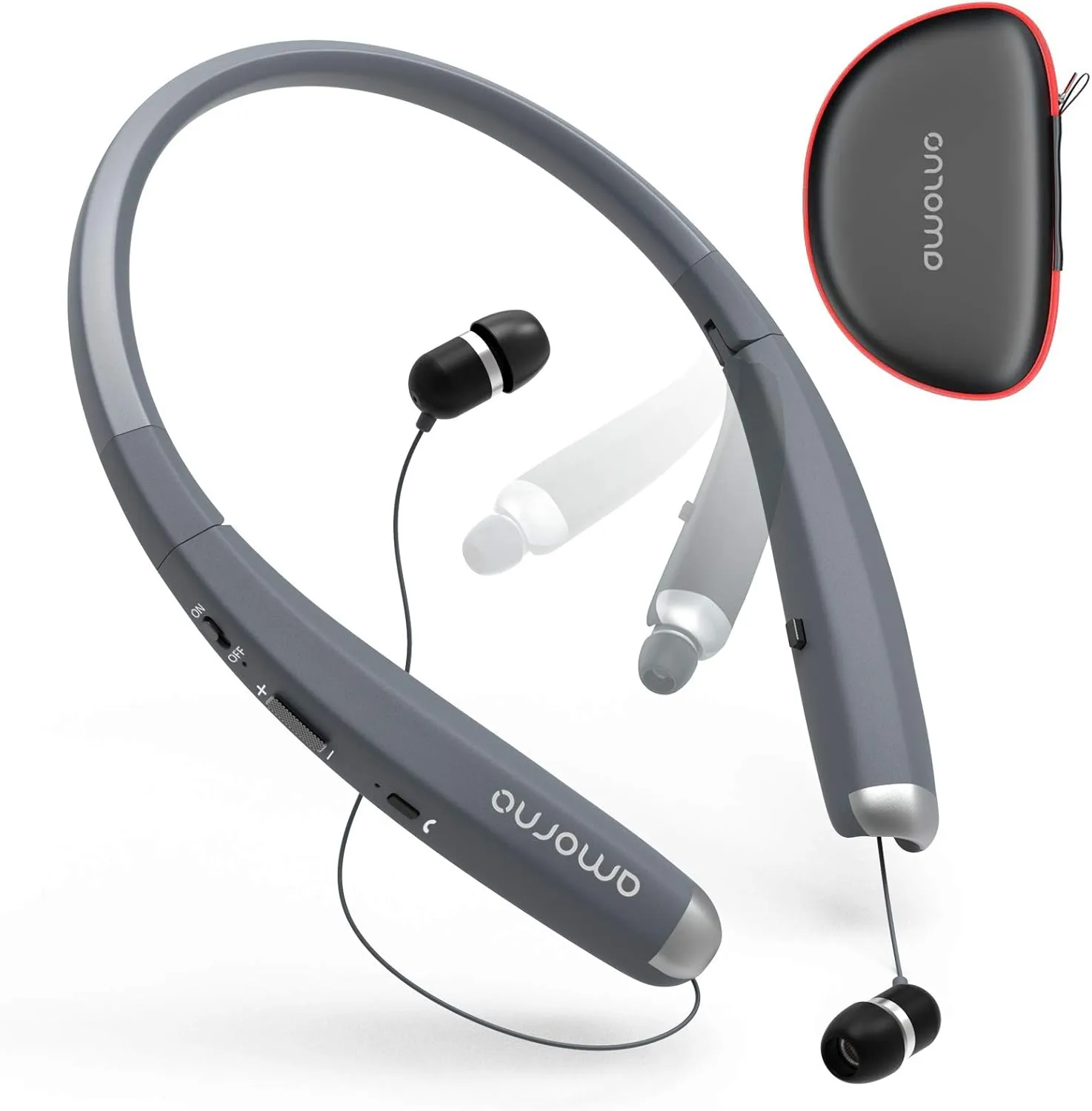 AMORNO Foldable Bluetooth Headphones, Wireless Neckband Sports Headset with Retractable Earbuds, Sweatproof Noise Cancelling Stereo Earphones with Mic