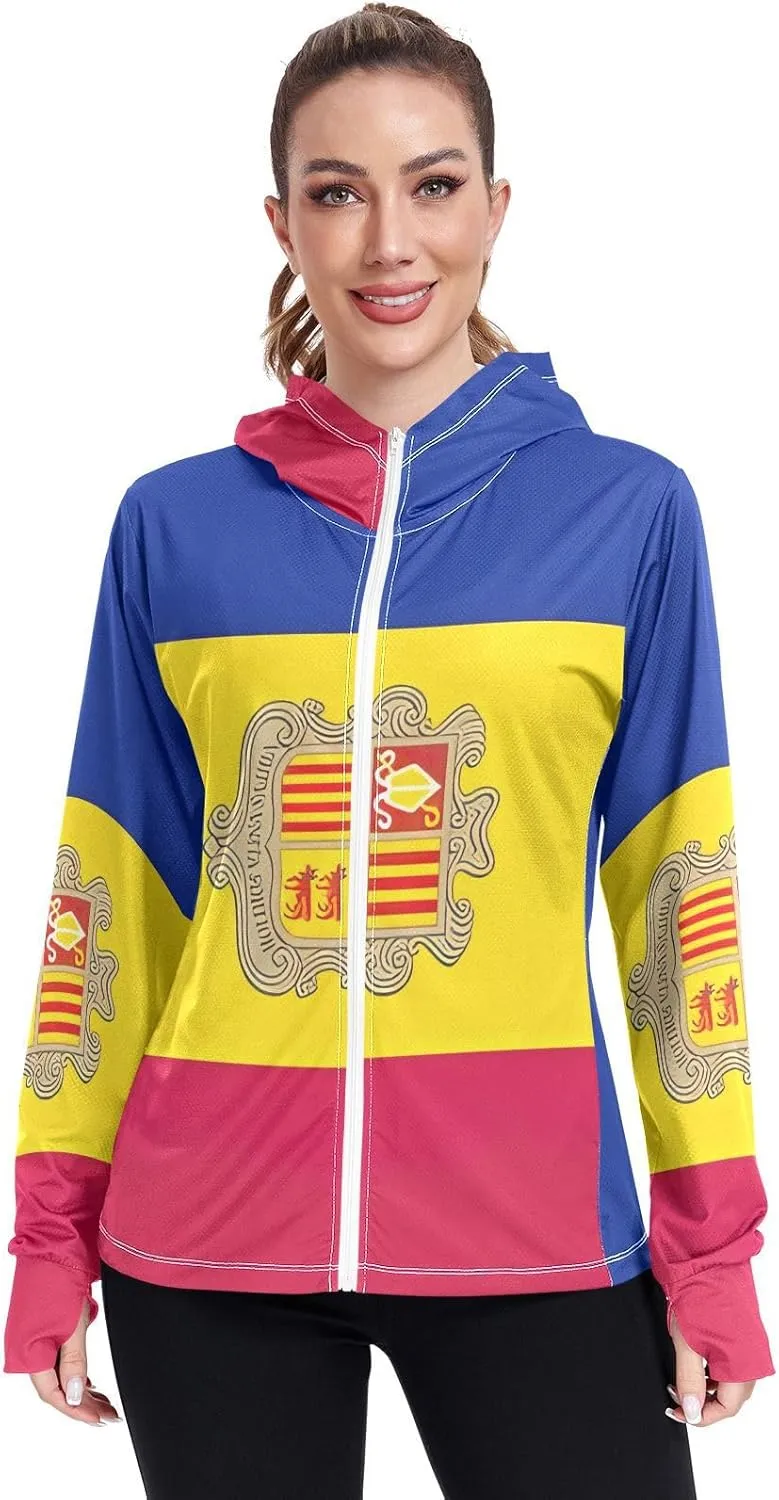 Andorra Flag Uv Protection Jacket Upf 50 , Long Sleeve Zip up Hiking Jacket