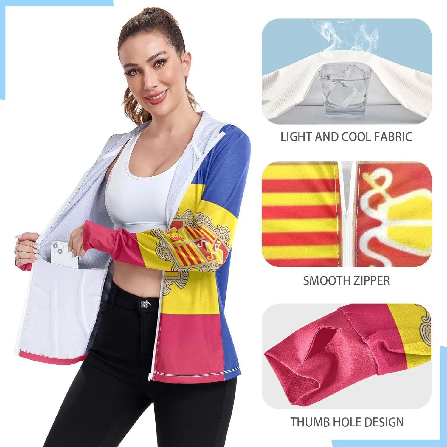 Andorra Flag Uv Protection Jacket Upf 50 , Long Sleeve Zip up Hiking Jacket