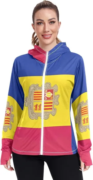 Andorra Flag Uv Protection Jacket Upf 50 , Long Sleeve Zip up Hiking Jacket