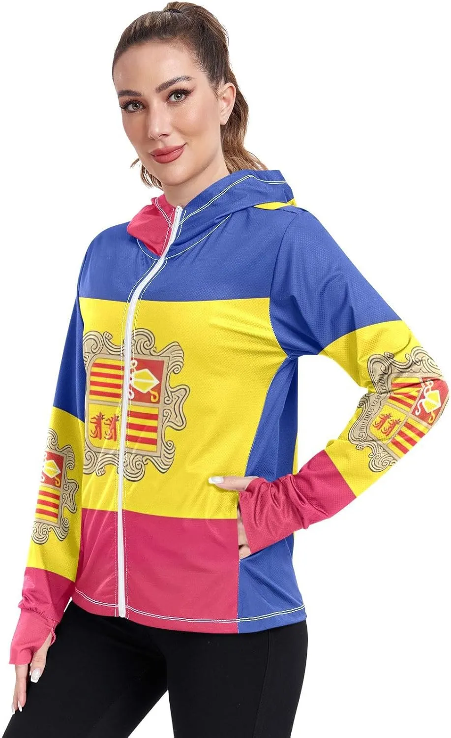 Andorra Flag Uv Protection Jacket Upf 50 , Long Sleeve Zip up Hiking Jacket