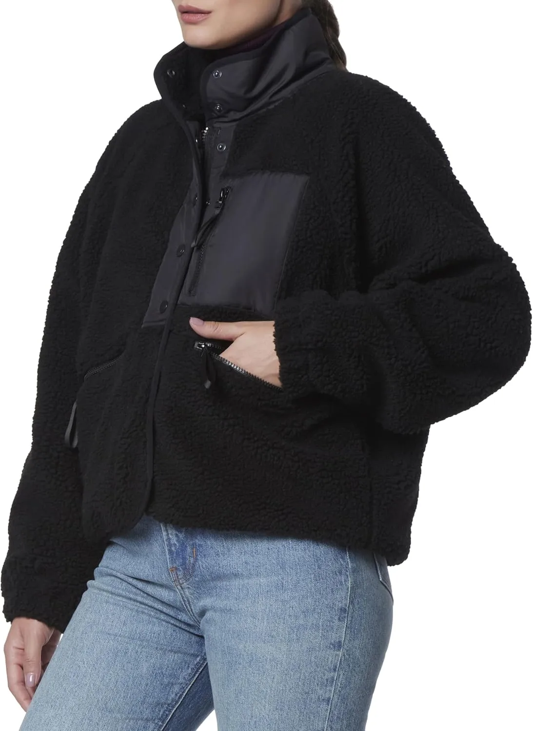Andrew Marc Women's Mixed Sherpa Zip Front Jacket