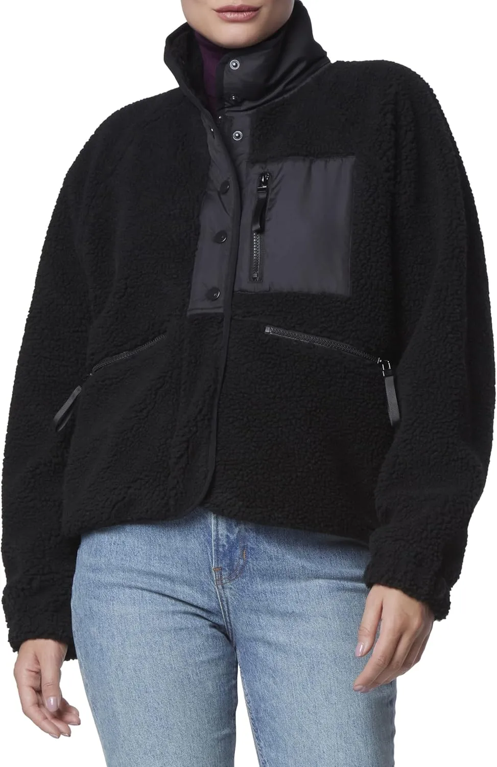 Andrew Marc Women's Mixed Sherpa Zip Front Jacket