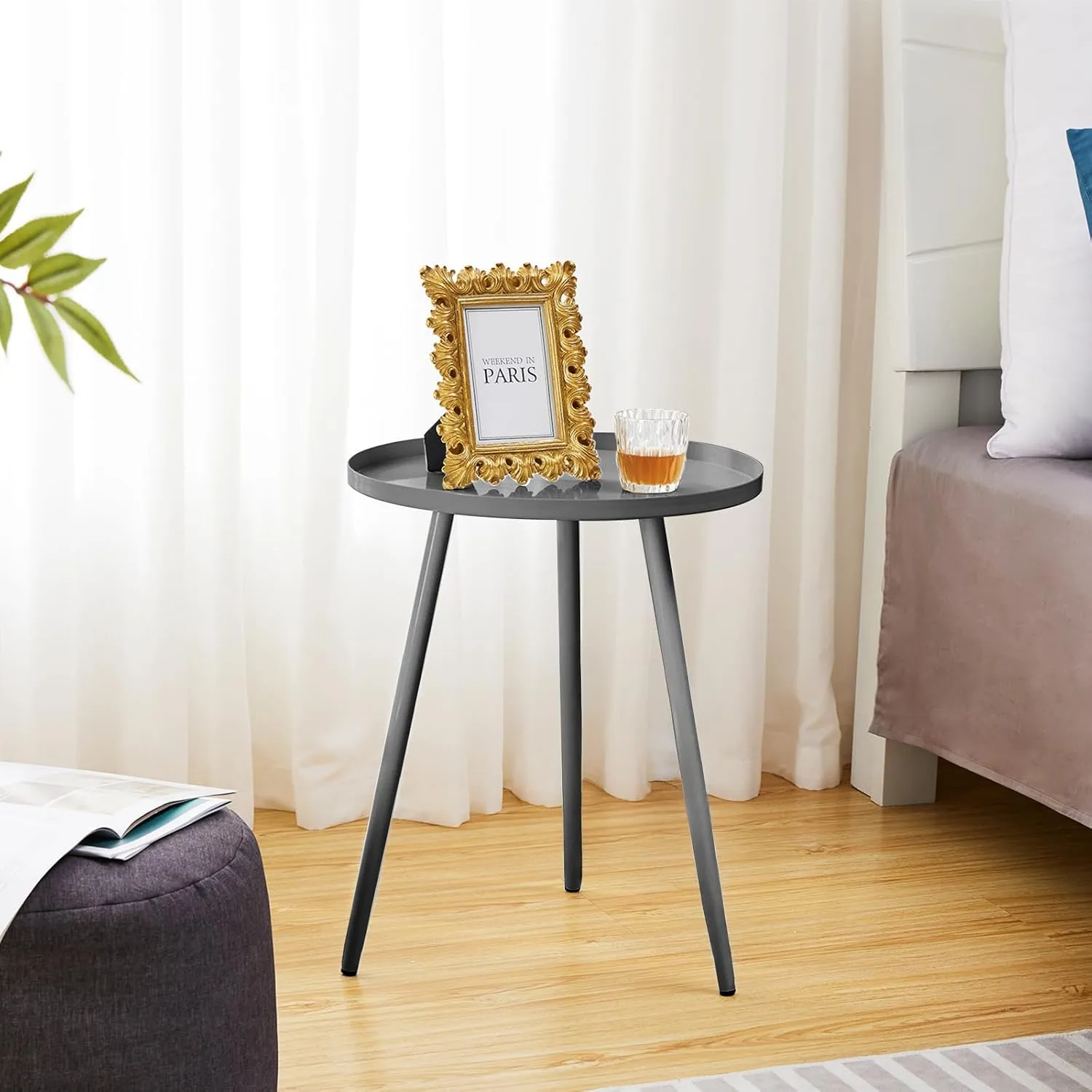 Apicizon 16" Round Side Table, Black End Table for Living Room, Bedside, Mid Century Modern Coffee or Circle Accent Table for Small Spaces, Metal Nightstand (Grey)
