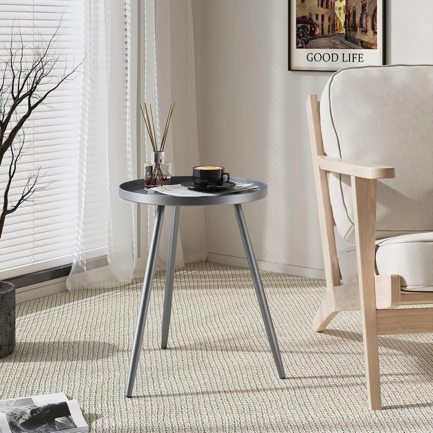 Apicizon 16" Round Side Table, Black End Table for Living Room, Bedside, Mid Century Modern Coffee or Circle Accent Table for Small Spaces, Metal Nightstand (Grey)