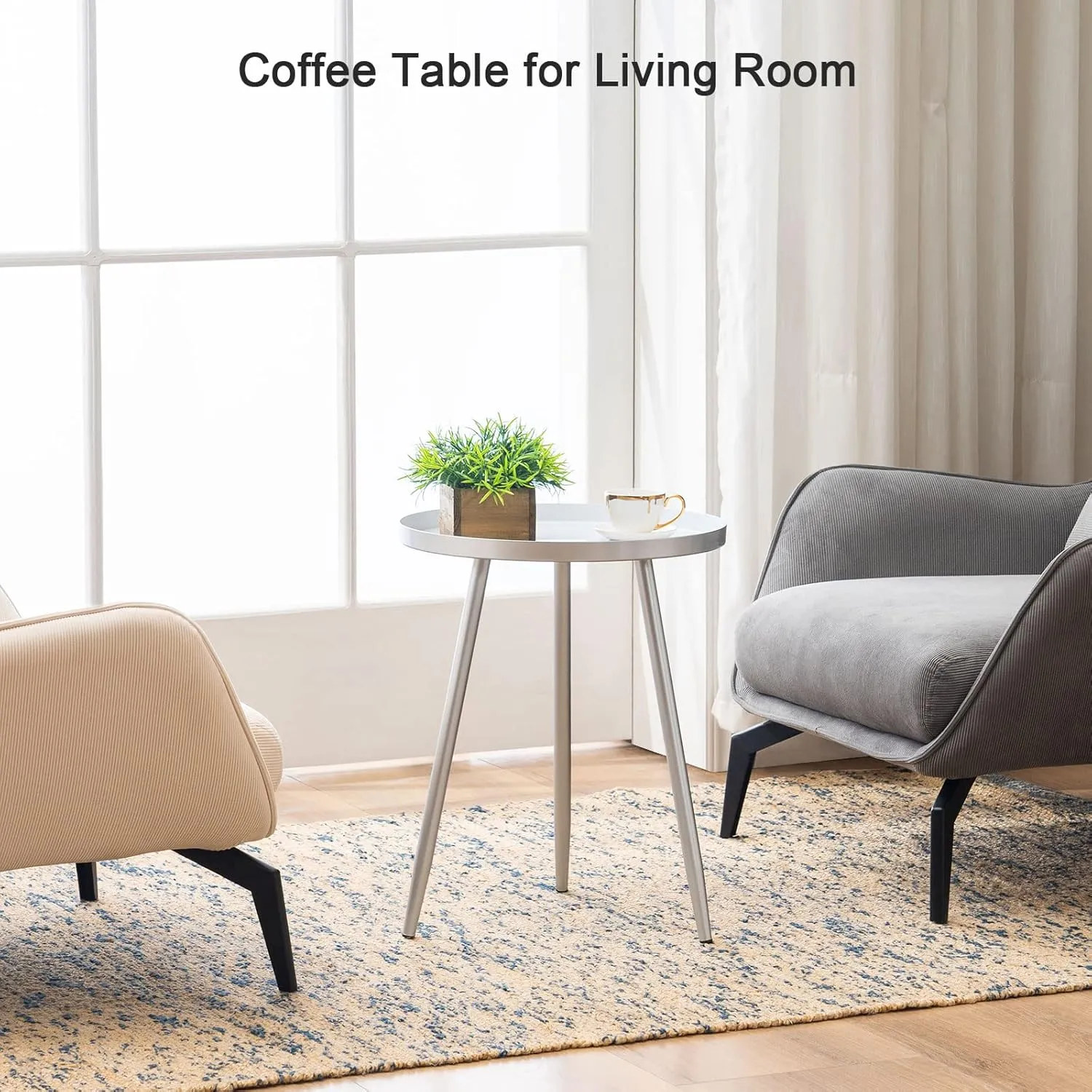 Apicizon 16" Round Side Table Set of 2, Silver Metal End Table for Living Room, Bedside, Mid Century Modern Coffee Table or Circle Accent Table for Small Spaces, Silver and White
